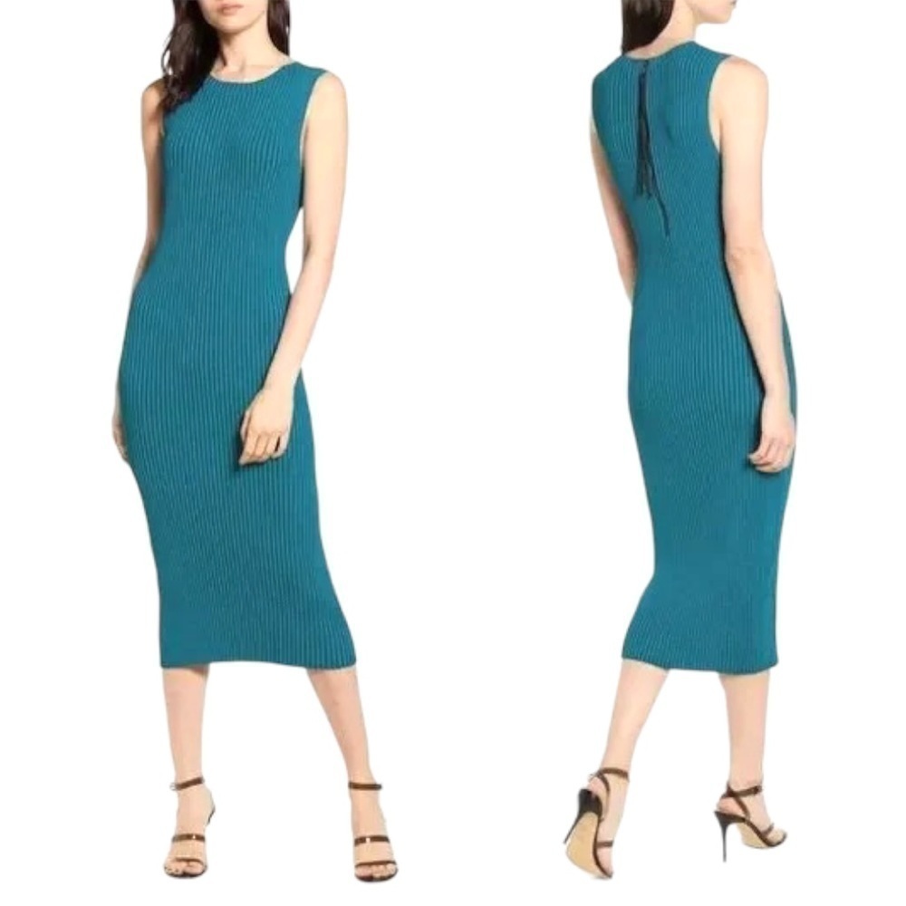 Chelsea28 Ribbed Sleeveless Sweater Dress Fitted Midi High Neck in Teal Sz Lg